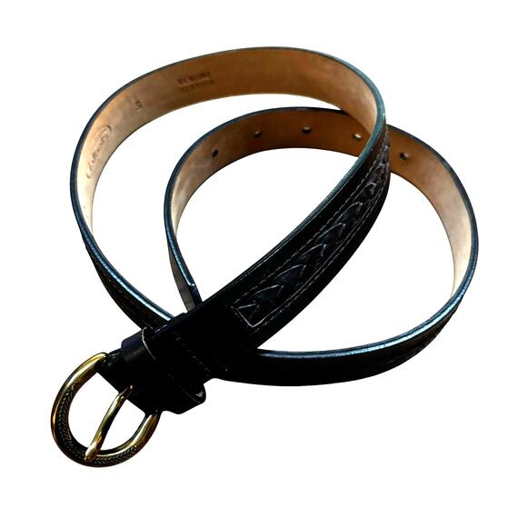 Talbots Navy Blue leather belt brass buckle textured braided classic preppy S - Picture 2 of 7